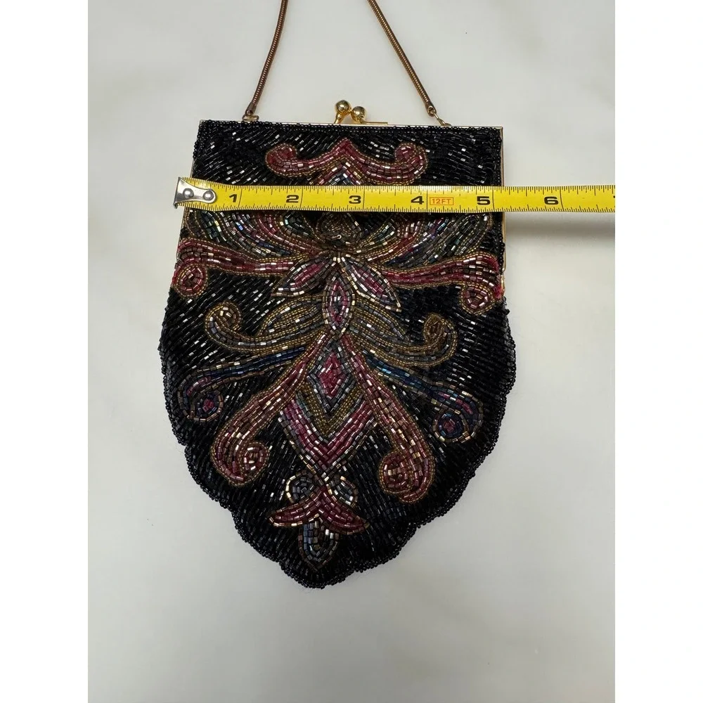 Andre Cellini Vintage Beaded Evening Bag Black Art Deco Gold Kiss‎ Lock Clutch